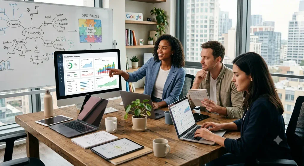 A diverse team of colleagues reviewing SEO analytics data on a desktop monitor around a wooden office conference table.