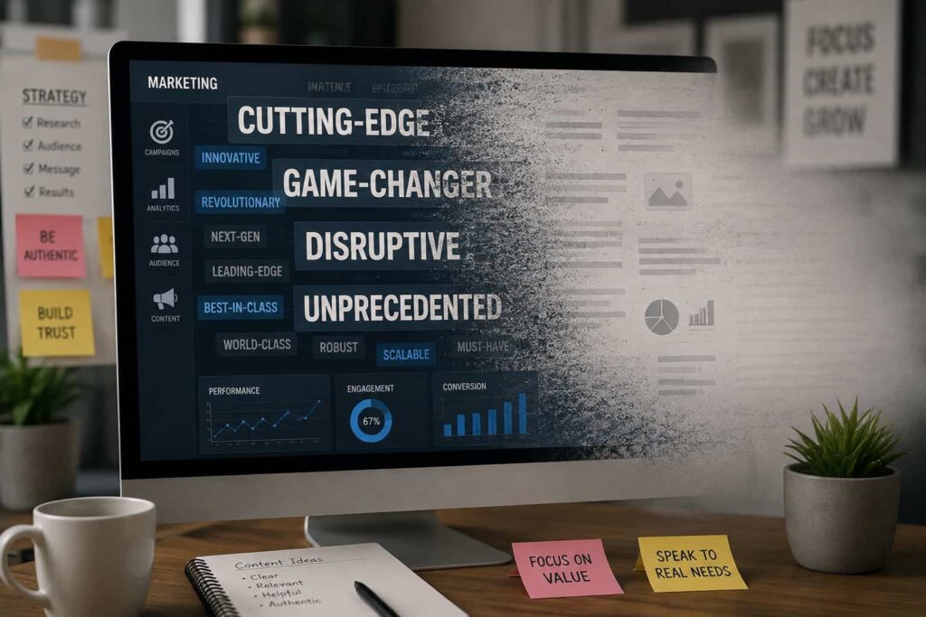 Digital marketing screen showing overused buzzwords such as “Cutting-Edge,” “Game-Changer,” “Disruptive,” and “Unprecedented” fading into a generic, indistinct background.