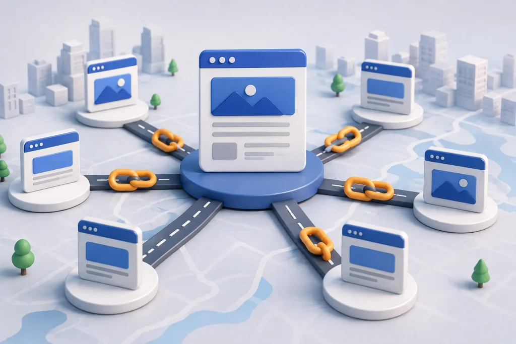 3D graphic illustrating web linking, featuring a main webpage icon at the center connected by roads with chain link symbols to six surrounding smaller webpage icons set on a stylized cityscape background map.
