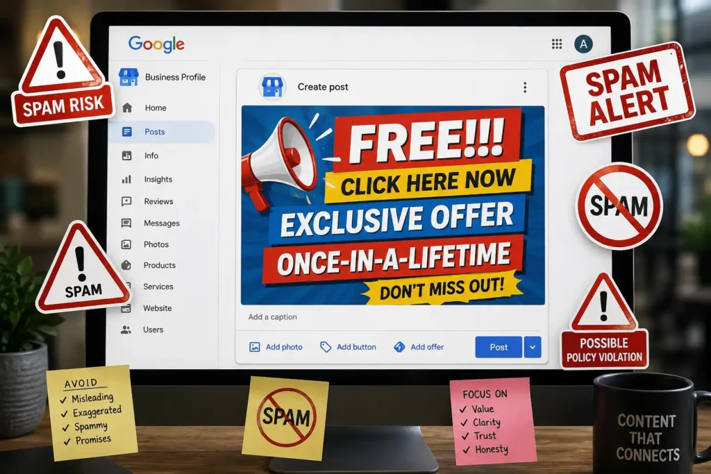 Spammy words and phrases to avoid in Google posts.
