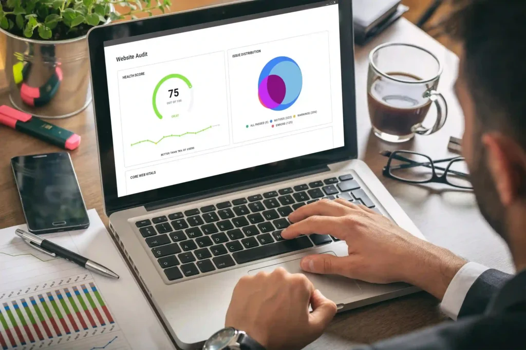 Technical SEO website audit showing health score, issue distribution, and Core Web Vitals on a laptop.