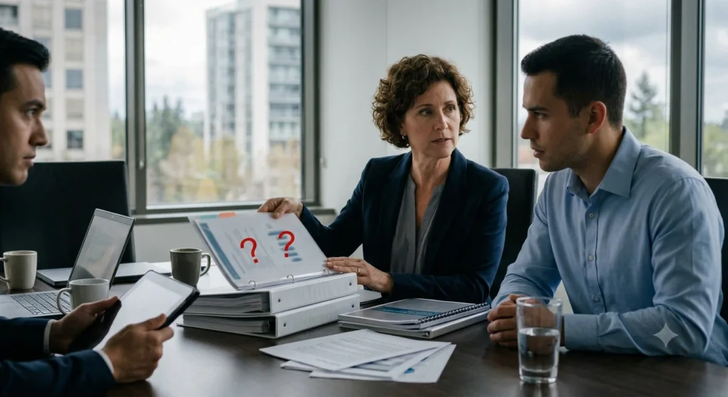 A skeptical client sitting across a conference table reviewing SEO proposals on a tablet, looking doubtful while researching company reputation and online reviews.