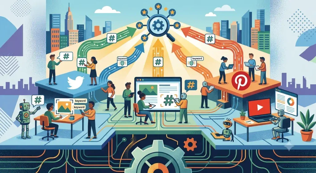 Flat vector illustration representing social media optimization and digital marketing strategy, featuring people, robots, and various social platform icons connected by data pathways flowing into a central gear and magnifying glass against a city skyline.