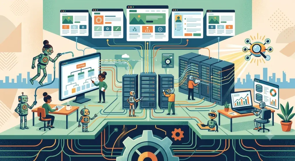 A complex flat-style digital illustration showing a team of people and robots working together to manage a website’s technical infrastructure, featuring servers, sitemaps, data, and search engine optimization concepts.