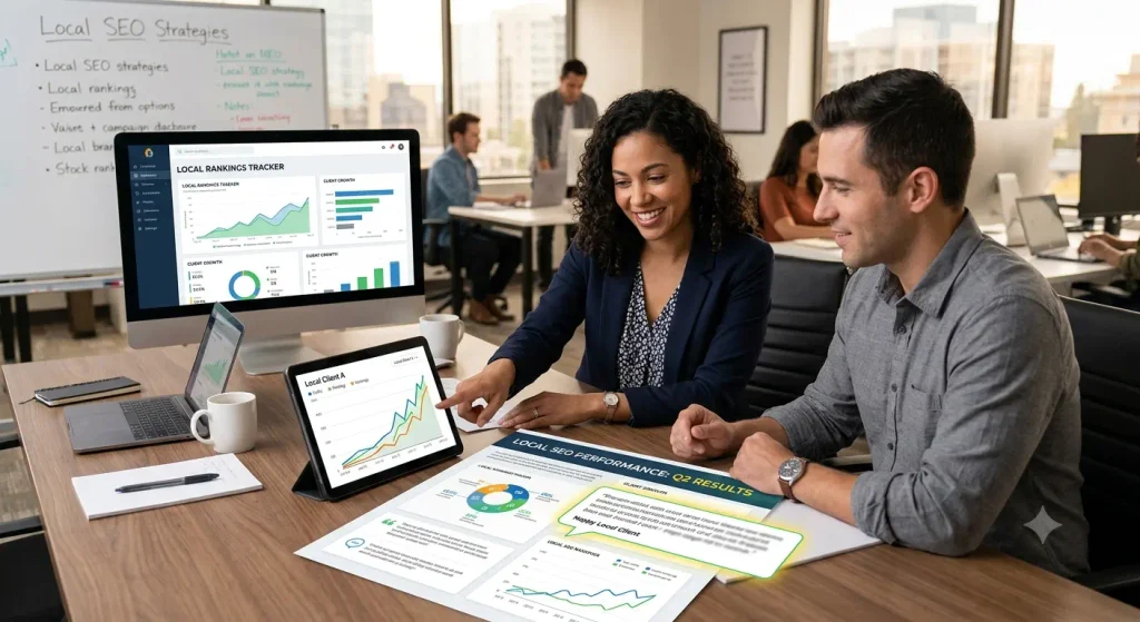 A professional SEO specialist presenting a binder filled with campaign results, case studies, and performance growth charts to a client during a meeting in a bright corporate office.