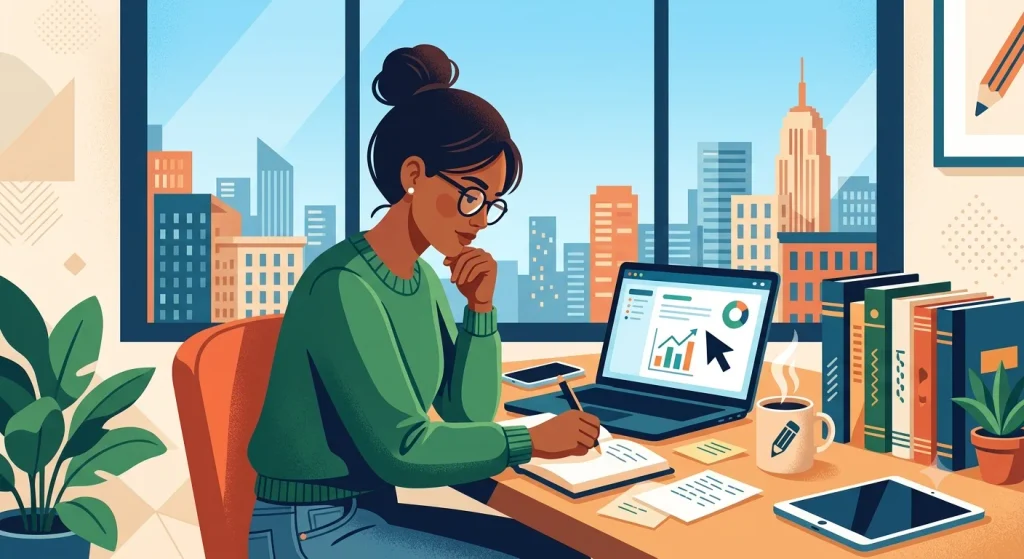 A writer working at a desk with a laptop displaying performance charts, taking notes near a window overlooking a city skyline.