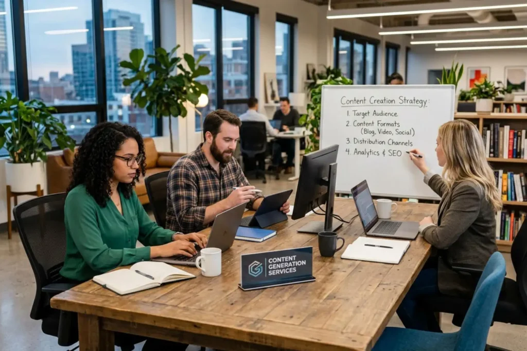 B2B SEO content team planning a targeted content strategy using audience research, content formats, distribution channels, analytics, and SEO.