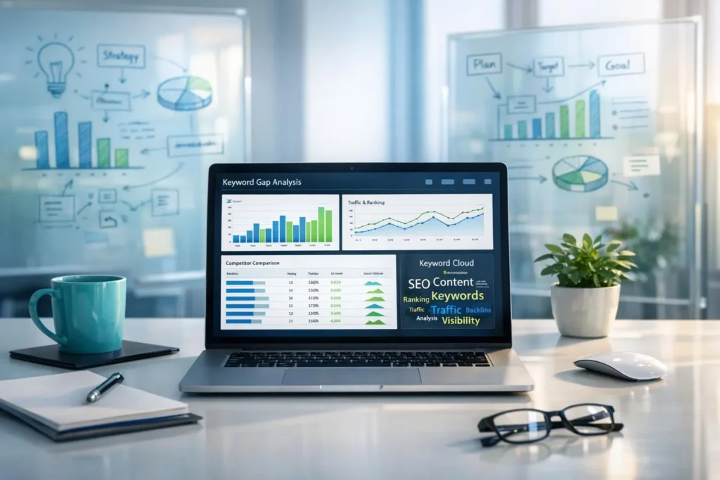 B2B SEO keyword research dashboard showing keyword gap analysis, competitor rankings, traffic, and SEO performance metrics.