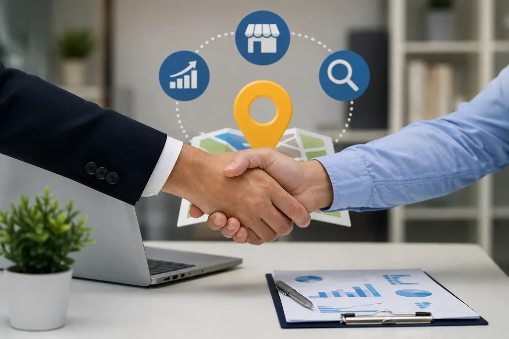 Business professionals shaking hands with local SEO and business growth icons, with a map, analytics charts, laptop, and business documents in the background.