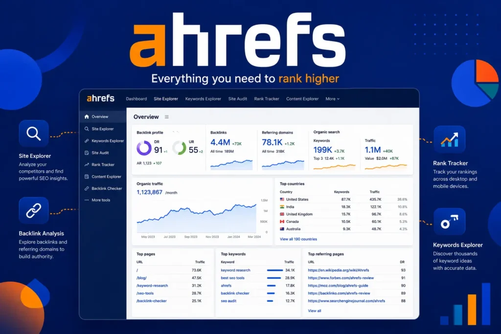 Ahrefs SEO tool dashboard illustration showing backlink analysis, keyword research, rank tracking, organic traffic growth, and competitor SEO insights for improving Google rankings.
