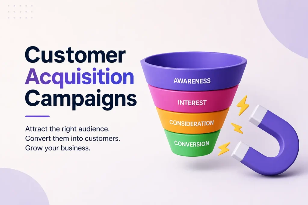 Minimal 3D illustration of customer acquisition campaigns showing a funnel with stages (awareness, interest, consideration, conversion) and a magnet attracting users, with a clean heading and short subheading on a soft gradient background.