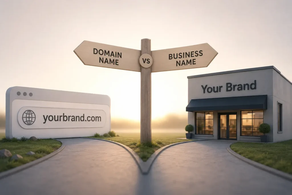 Minimal 3D illustration of a forked path with a signpost pointing to “Domain Name” and “Business Name,” showing a website URL on one side and a physical storefront on the other.