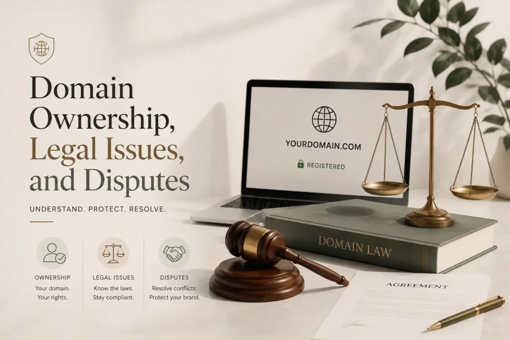 Aesthetic legal-themed scene showing domain ownership concepts with a laptop displaying “yourdomain.com,” a balance scale, gavel, and contract, representing domain ownership, legal issues, and disputes.