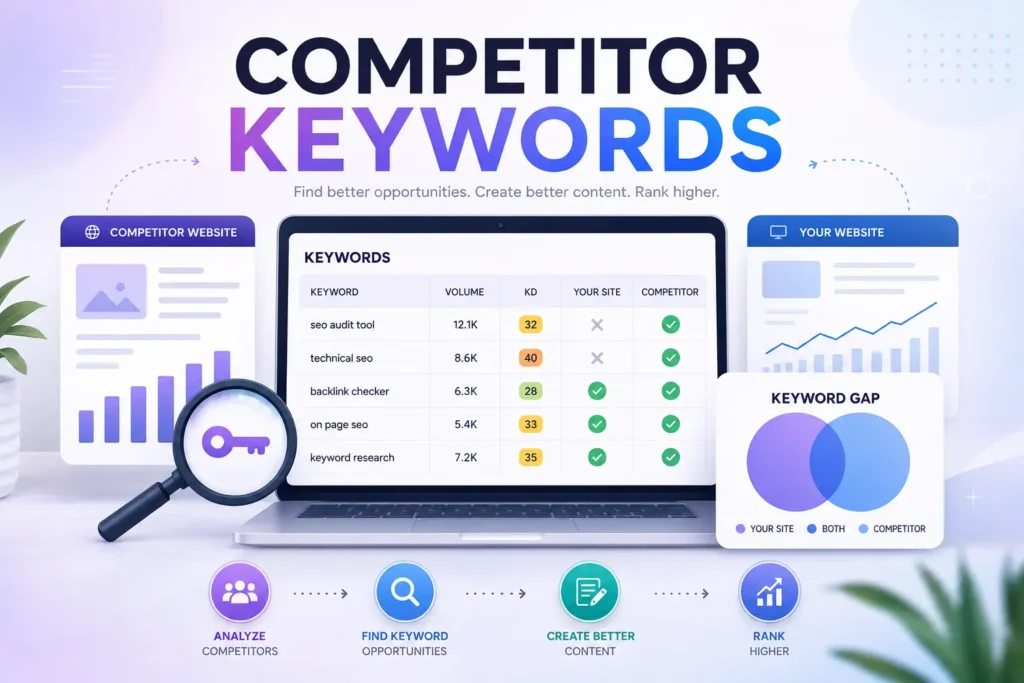 Competitor keyword research illustration showing SEO analysis dashboard, keyword gap comparison, competitor website tracking, and organic keyword opportunities for higher Google rankings.
