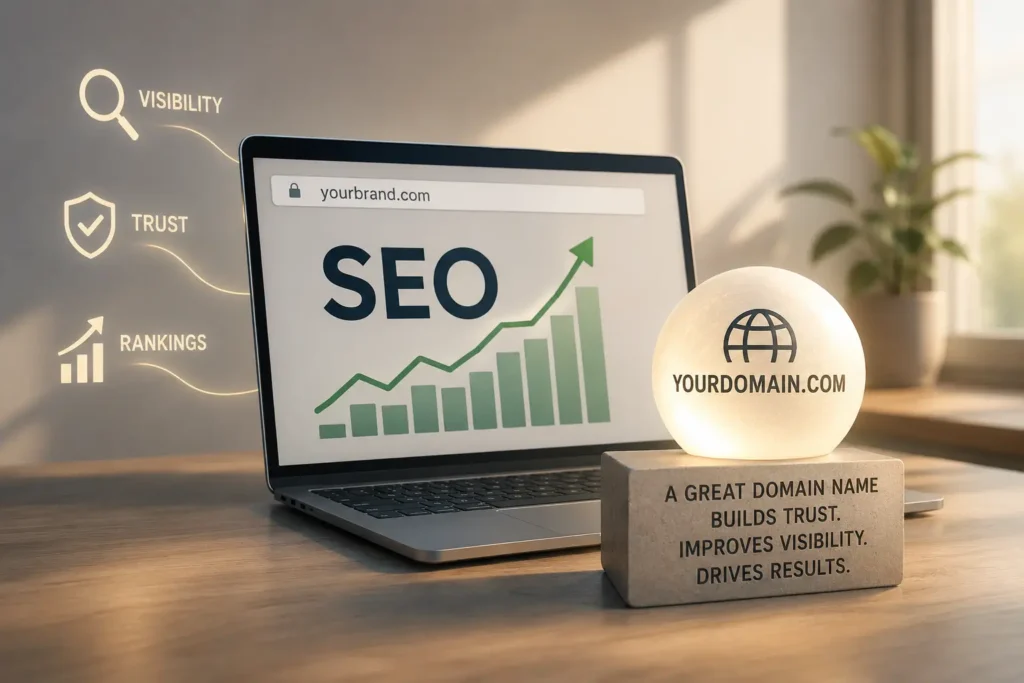 Modern 3D scene showing a laptop with SEO growth chart and “yourbrand.com” alongside a glowing sphere labeled “yourdomain.com,” symbolizing how a strong domain name improves visibility, trust, and search rankings.