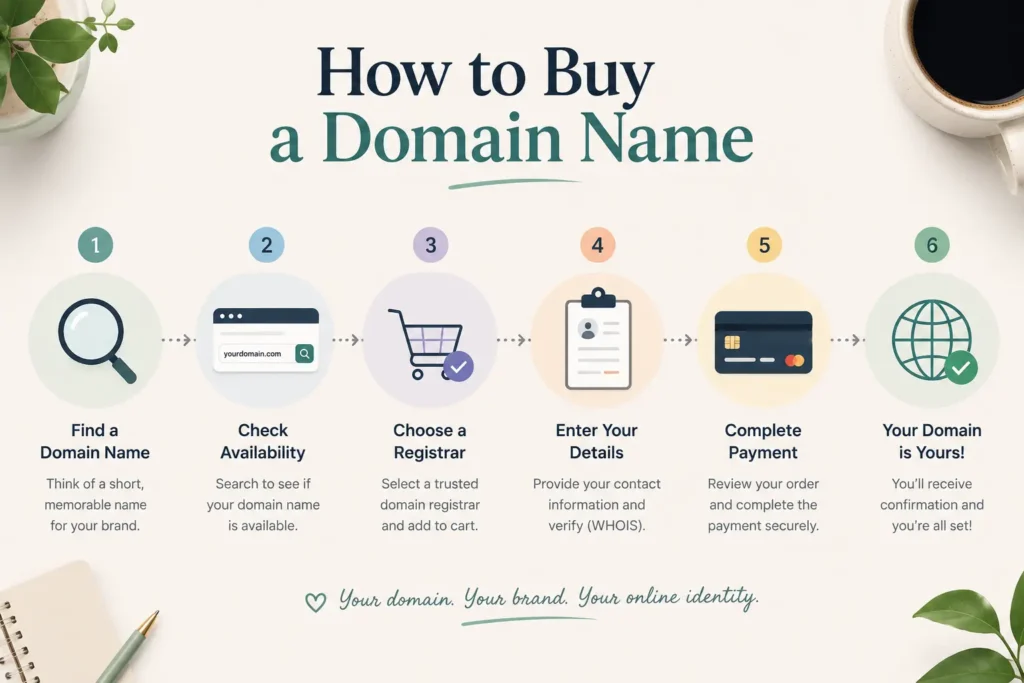 Minimal aesthetic infographic showing six simple steps to buy a domain name: find a name, check availability, choose a registrar, enter details, complete payment, and confirm ownership, presented with soft pastel icons on a clean beige background.