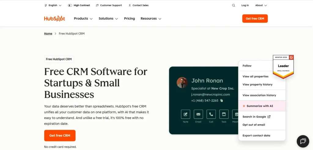 Screenshot of HubSpot's Free CRM page showing the headline “Free CRM Software for Startups & Small Businesses,” with a call-to-action button, customer contact card interface, and CRM management options displayed on the right side.