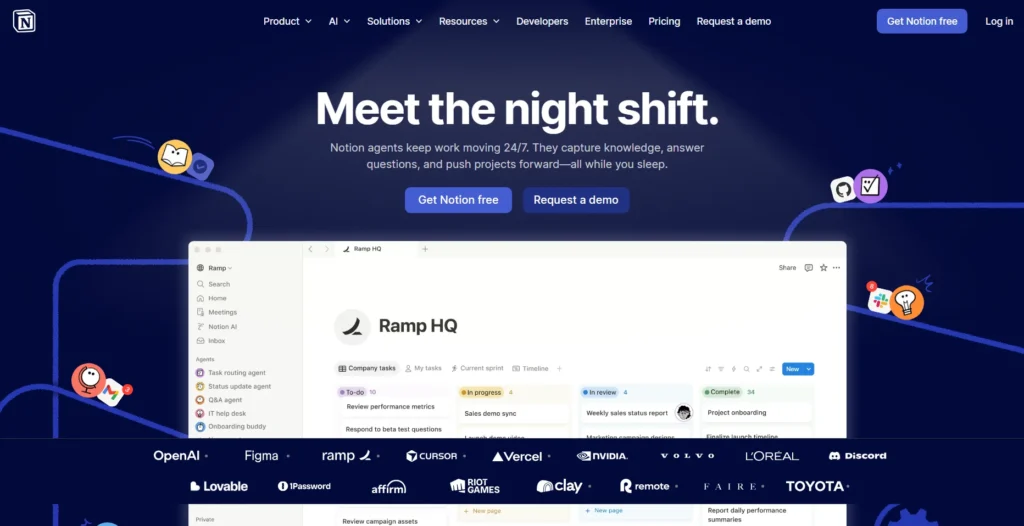 Screenshot of Notion’s homepage featuring the headline “Meet the night shift,” showcasing AI-powered workspace features, collaboration tools, task management interface, and productivity integrations for startup teams.