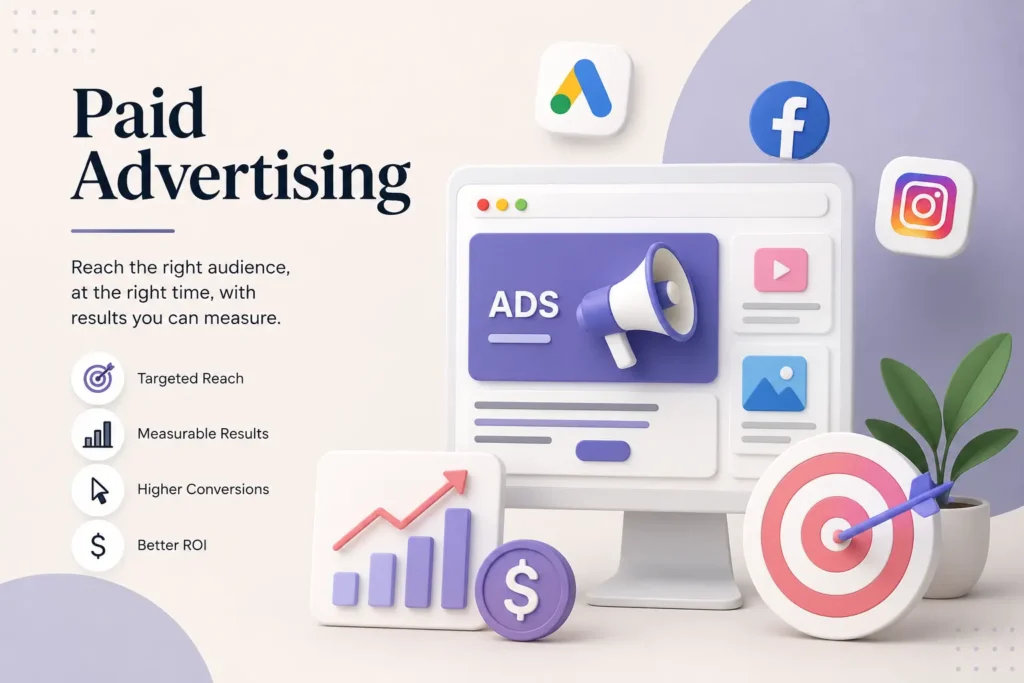 A clean 3D illustration of paid advertising showing a computer screen with digital ads, social media icons, a megaphone, growth chart, and target symbol representing targeted reach, measurable results, and ROI.