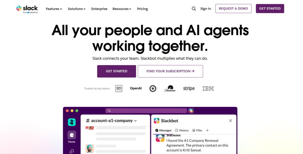Screenshot of Slack’s homepage displaying the headline “All your people and AI agents working together,” featuring team communication tools, Slackbot interface, collaboration features, and trusted company logos.