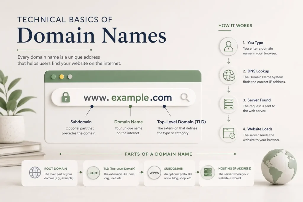 Minimal infographic illustrating the technical basics of domain names, showing URL structure with subdomain, domain name, and TLD, along with a simple DNS process flow from user input to website loading.
