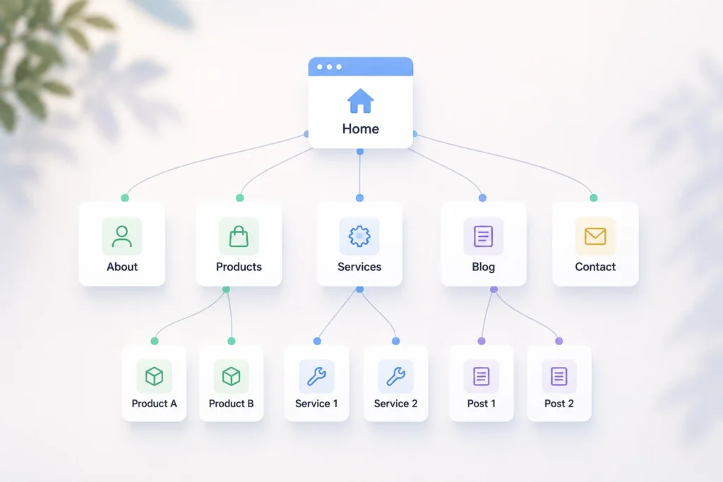 Minimal website network visualization showing a homepage connected to categories and child pages through linked pathways, illustrating how websites function as interconnected networks rather than isolated pages.