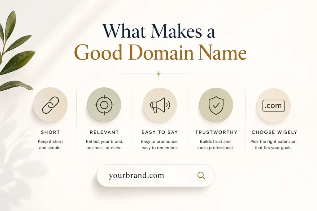 Minimalist infographic titled “What Makes a Good Domain Name” featuring five simple icons and tips: short, relevant, easy to say, trustworthy, and choose wisely, with a clean search bar displaying “yourbrand.com” on a soft neutral background.