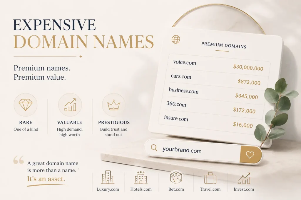 Elegant minimalist graphic showing premium domain names with luxury styling, gold accents, and examples like voice.com and cars.com, highlighting high value and exclusivity of expensive domains.

