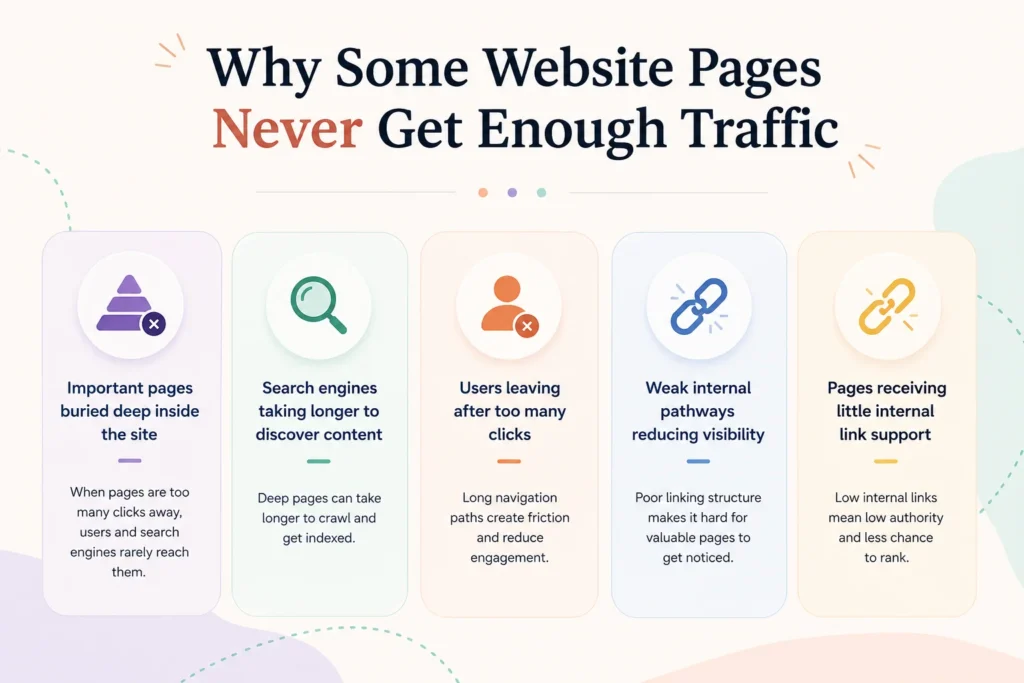 Illustration showing reasons why website pages do not get enough traffic, including pages buried deep inside the site, slow search engine discovery, users leaving after too many clicks, weak internal linking pathways, and low internal link support affecting page visibility.