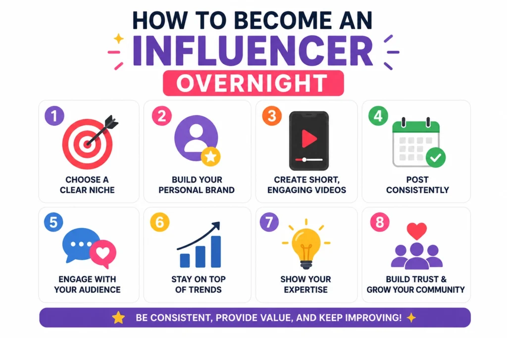 Infographic showing steps to become an influencer through niche selection, content creation, consistency, and audience engagement.
