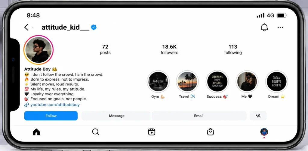 Realistic landscape-oriented smartphone displaying an Instagram profile for a young man with an attitude-themed bio. The profile features a profile picture, follower statistics, bold bio lines, story highlights, action buttons, and a clean white Instagram interface designed to showcase a confident and stylish personal brand.