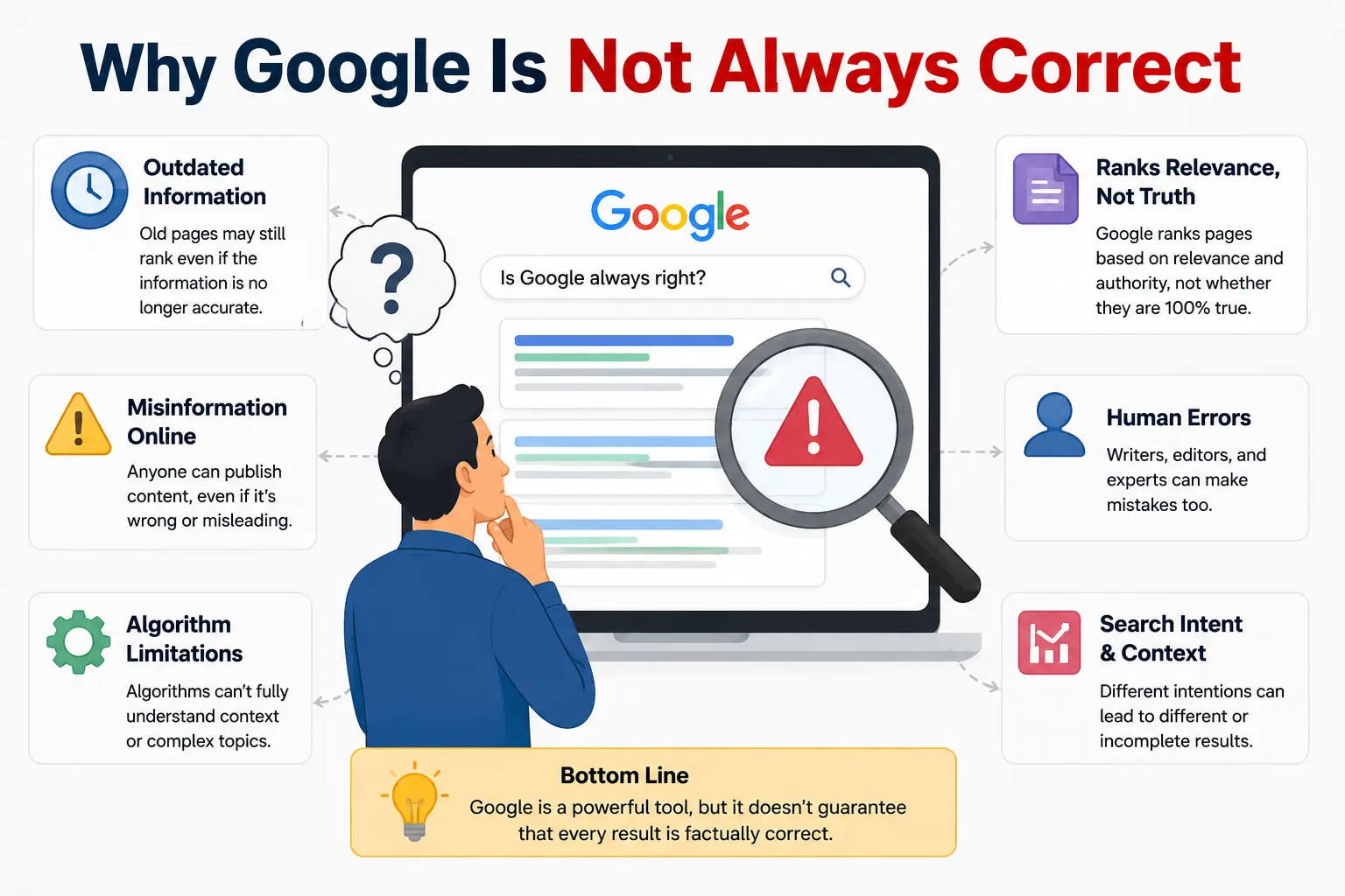 Infographic showing reasons Google is not always correct, including outdated information, misinformation, and algorithm limitations.