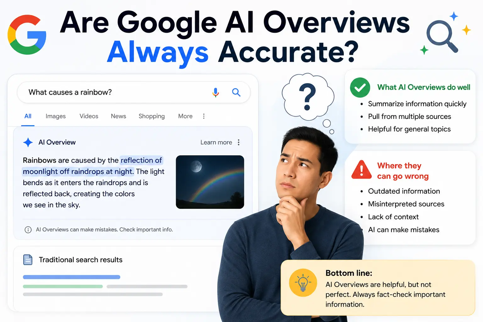 Infographic explaining the accuracy and limitations of Google AI Overviews in search results.