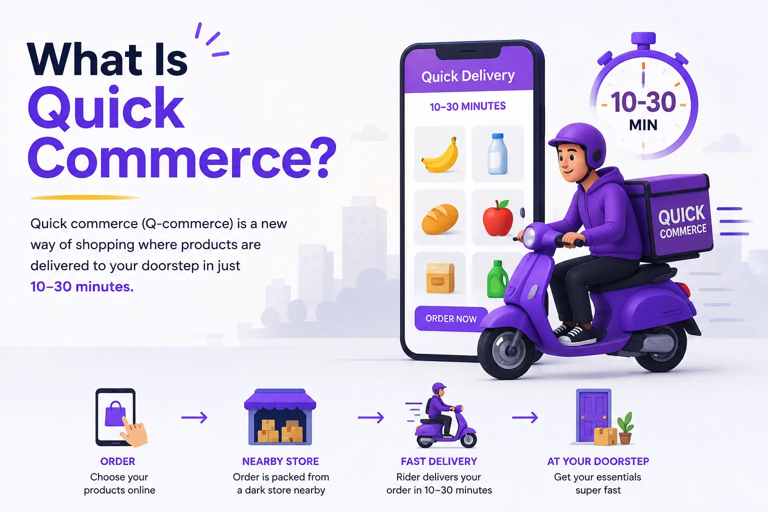 **Alt Text:**
Infographic explaining what quick commerce is, featuring a mobile shopping app, delivery rider on a scooter, 10–30 minute delivery timeline, and a step-by-step process from online ordering to fast doorstep delivery.