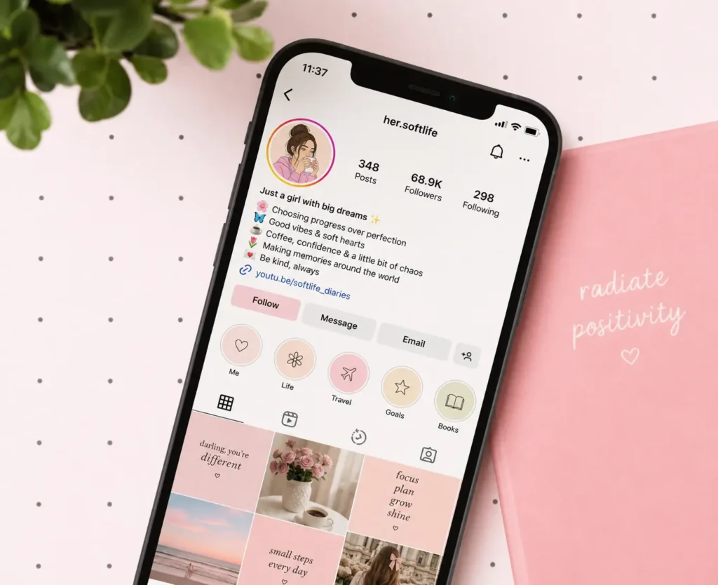 Instagram bio for girls graphic featuring a stylish young woman in a pink outfit and sunglasses alongside creative bio ideas, aesthetic Instagram-themed elements, cute icons, and trendy profile inspiration. The design highlights stylish, cute, and confident Instagram bio concepts for girls in a modern social media poster layout.