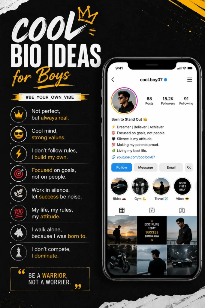 Cool Instagram bio ideas for boys displayed on a smartphone screen, featuring a stylish Instagram profile with creative bio examples, personal branding elements, story highlights, and lifestyle-themed content for a modern and attractive profile design.