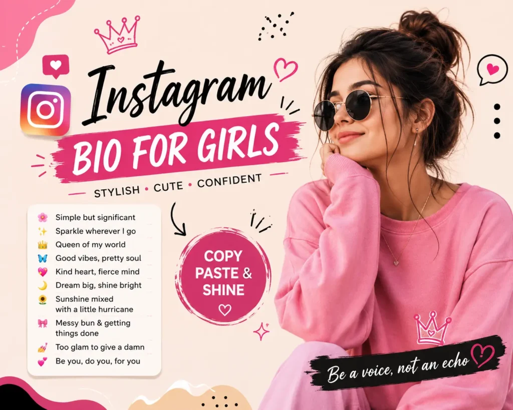 Instagram bio for girls featuring stylish, cute, and aesthetic bio ideas with a fashionable young woman, Instagram-themed graphics, and creative profile inspiration for girls looking to create an attractive Instagram bio.