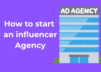 Illustration of an influencer agency startup with office building and text "How to Start an Influencer Agency