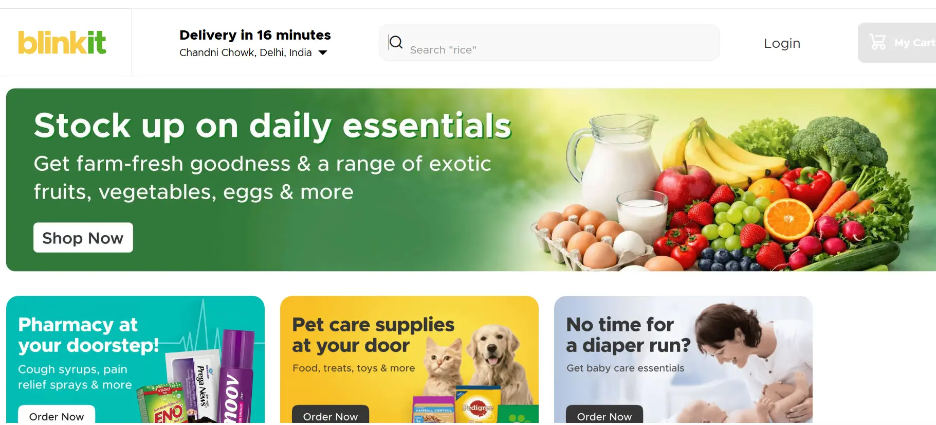 Blinkit homepage showcasing quick commerce services with grocery delivery, pharmacy products, pet supplies, and baby care essentials available for fast doorstep delivery.