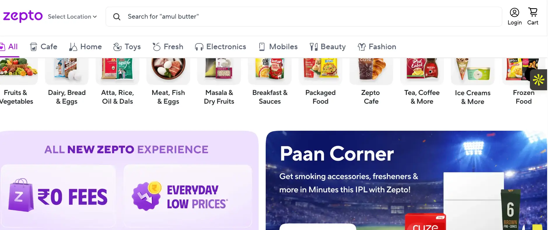 Screenshot of the Zepto quick commerce app homepage featuring a search bar, product categories, grocery items, and promotional banners highlighting instant delivery, zero fees, and everyday low prices.