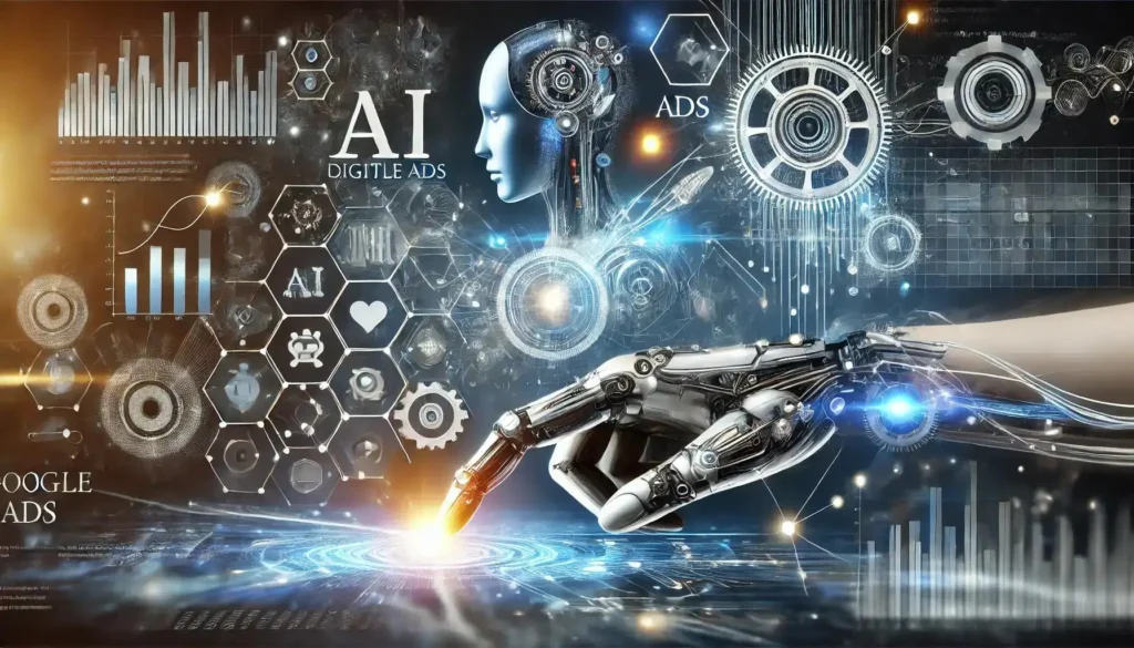 AI-powered Google Ads illustration featuring a robotic hand, digital marketing analytics, performance dashboards, and machine learning technology optimizing online advertising campaigns for improved targeting and conversions.