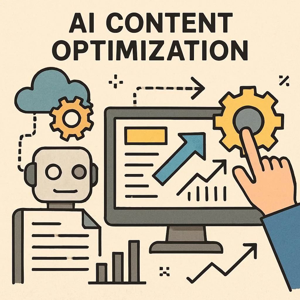 AI content optimization illustration with SEO analytics, automation, and performance growth.