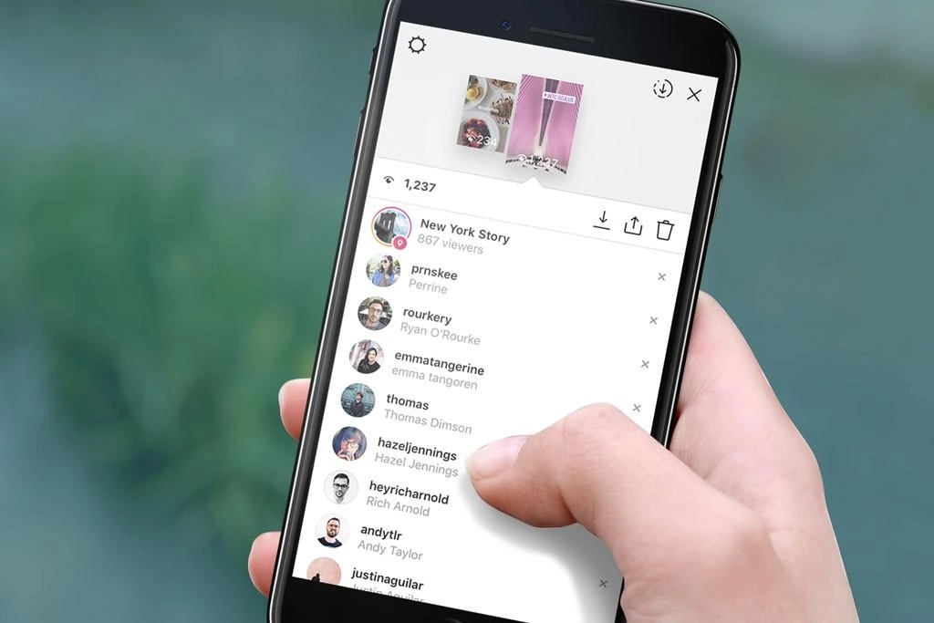 Instagram Story viewer list showing usernames and Story insights.
