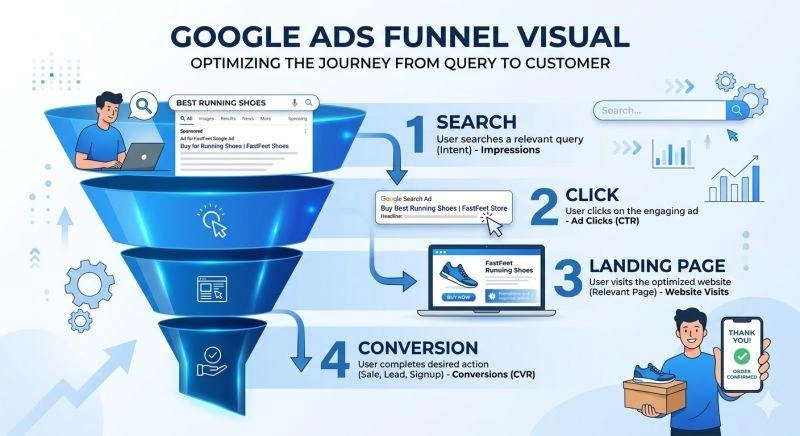 Google Ads marketing funnel infographic illustrating the customer journey from search query and ad click to landing page and conversion, highlighting the PPC process for lead generation and online marketing success.