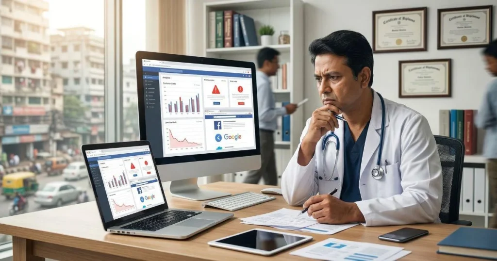 Doctor analyzing Google Ads campaign performance on a desktop and laptop to improve patient acquisition and grow a medical practice through digital healthcare marketing.