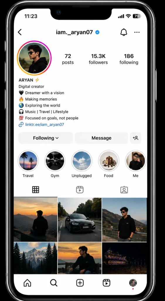 Realistic smartphone displaying an Instagram profile for a young male creator, featuring a profile photo, bio section, follower statistics, story highlights, and a lifestyle-themed photo grid with travel, cars, mountains, and personal portraits. The Instagram profile interface is shown in a clean, modern mobile app layout.