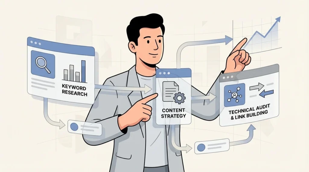 SEO strategist workflow showing keyword research, technical SEO, content planning, and analytics.