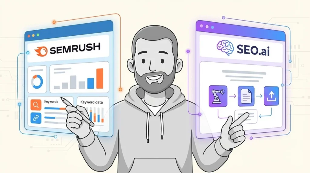 Comparison of Semrush and SEO.ai for keyword research, AI content creation, and SEO optimization.