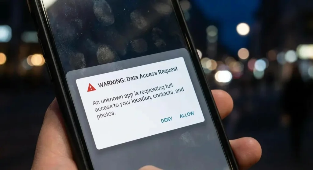 Smartphone security warning representing the risks of third-party Instagram viewer apps.