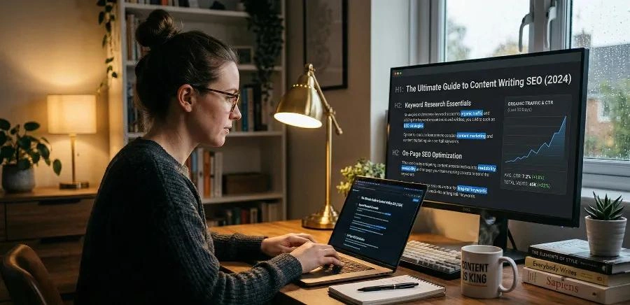 SEO content writer optimizing a blog with keyword research and content analytics on dual monitors.